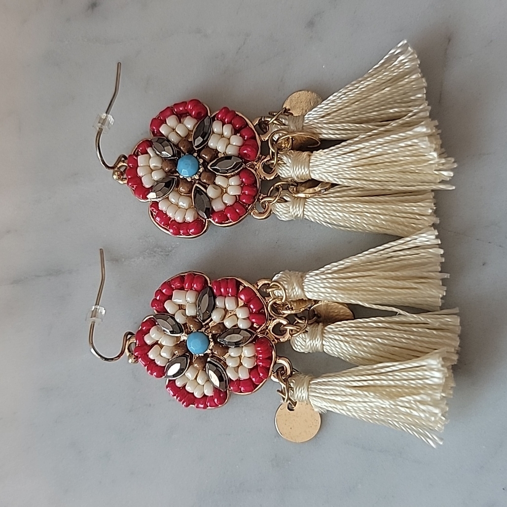 Aqua Beaded Golden Flower Dangle Earrings with Tassles